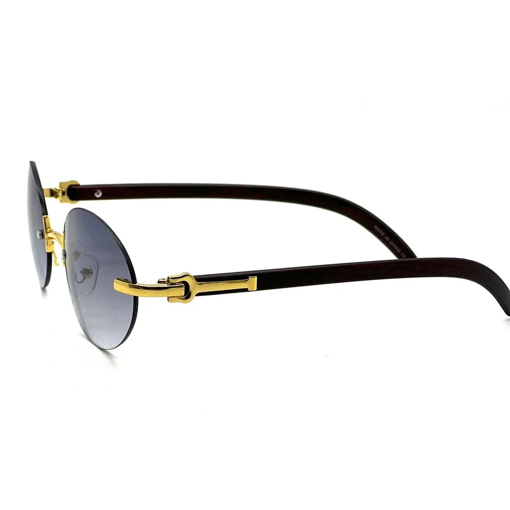 Rimless Sunglasses Oval Lens Gold Accents Fashion Shades Gradient Black Lens New